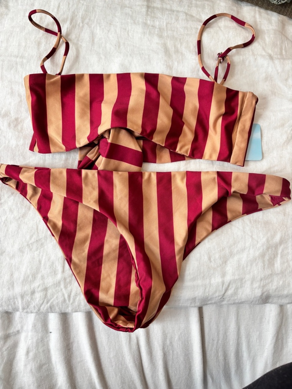 Akin by Same Striped Bandeau Bikini Top in Burgundy & Tan